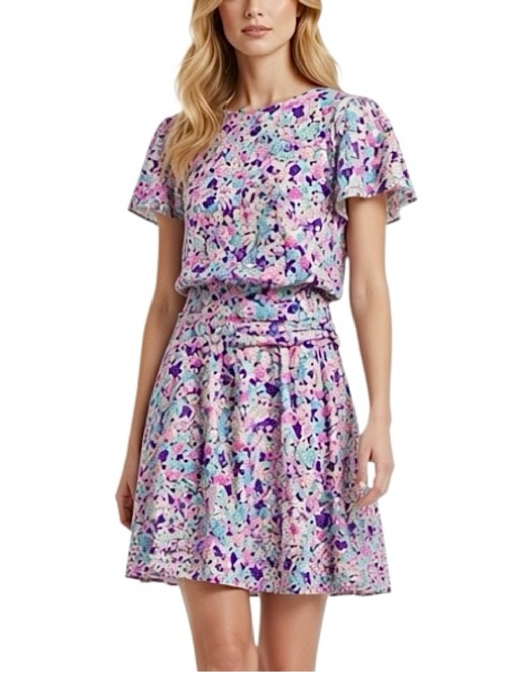 Vintage 80s Jody California Floral Dress Size XS Purple Pink Blue Flutter Sleeve